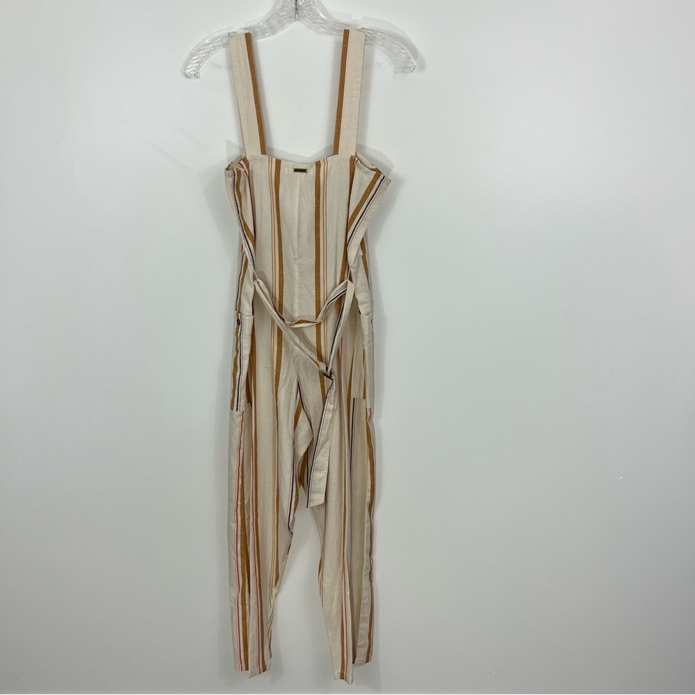 Billabong Striped Linen Jumpsuit in White and Tan - Picture 9 of 11